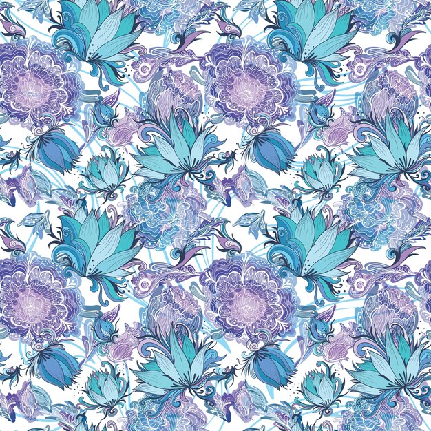 Naadloze textuur in blauwe azuurblauwe paarse en turquoise kleuren met lotus lily en pioenroos bloemen