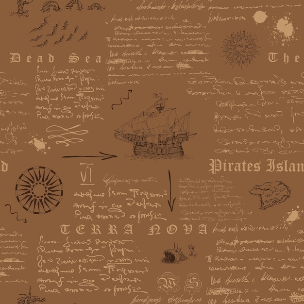 naadloze textuur in de stijl van een middeleeuws zeevaartverslag van de gravureschets van het dagboek van de kapitein