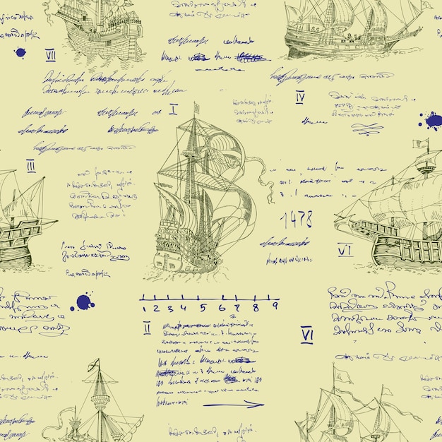 naadloze textuur in de stijl van middeleeuws nautisch schrijven schetsgravure van het dagboek van de kapitein