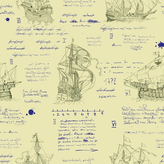 Naadloze textuur in de stijl van middeleeuws nautisch schrijven schetsgravure van het dagboek van de kapitein