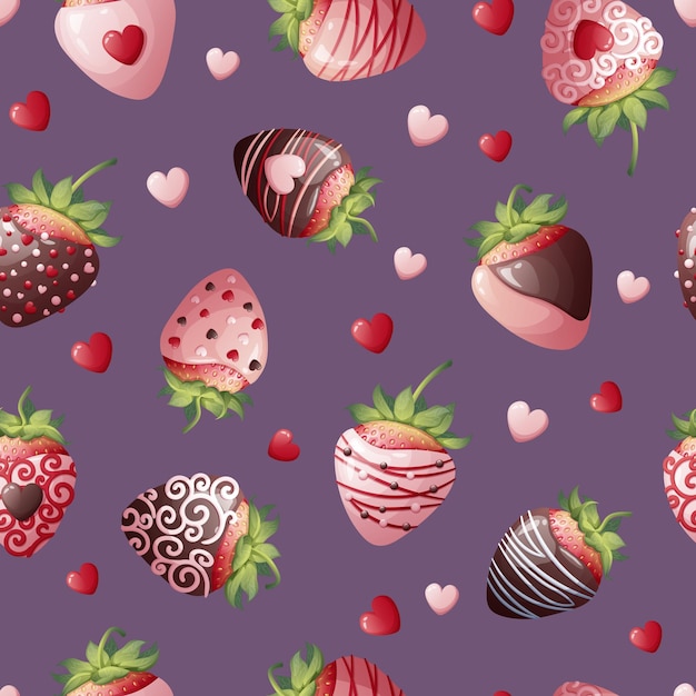 Naadloze textuur met aardbeien bedekt met chocolade op een witte achtergrond Romantiek Valentijnsdag zoet cadeau Geschikt voor inpakpapier textielbehang