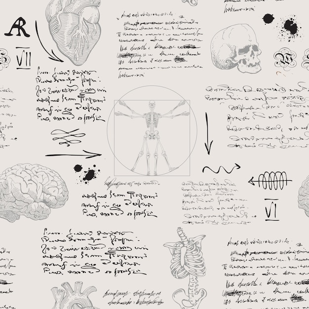Vector naadloze textuurachtergrond in de stijl van notities uit het dagboek van een wetenschapper-anatomist