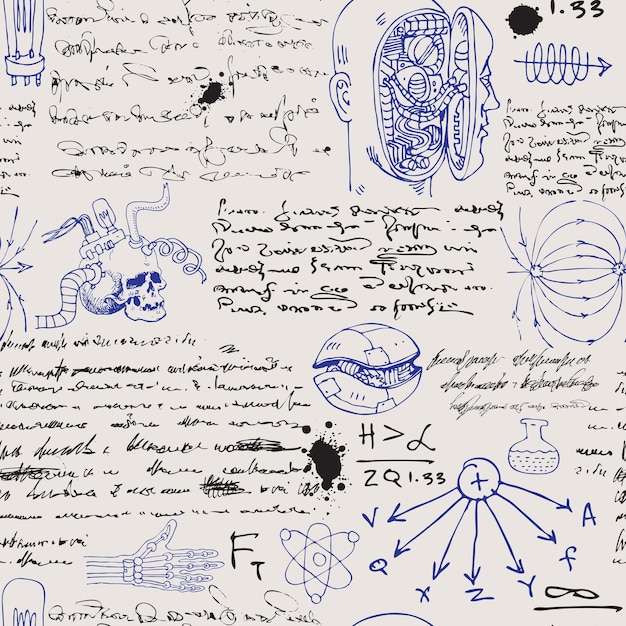 naadloze textuurachtergrond in de stijl van schetsen uit het dagboek van een uitvinder van een wetenschapper