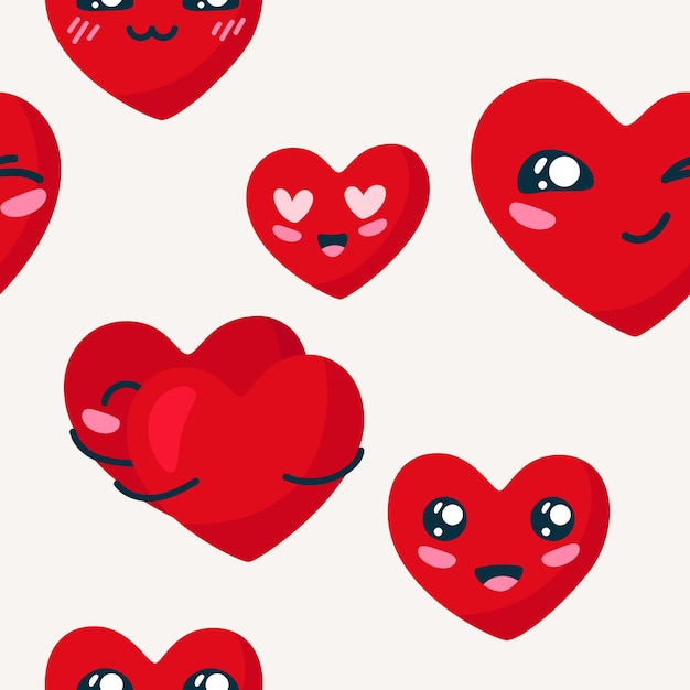 Naadloze Valentijnsdag patroon met karakters harten en belettering Love Kawaii harten Cute vectorillustratie