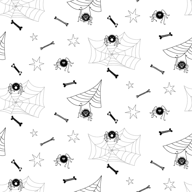 Naadloze vector achtergrond voor halloween spin spinnenweb en botten op een wit geklets voor design