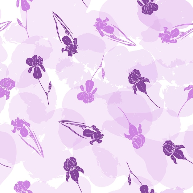 Naadloze vector bloemmotief met iris bloemen en abstracte vlekken in paarse kleuren