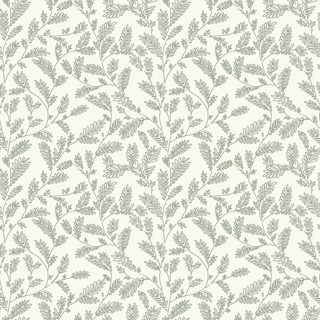 Naadloze vector groene salie kleur lijn blad en takje patroon. Hand getekende bloemen botanische behang.
