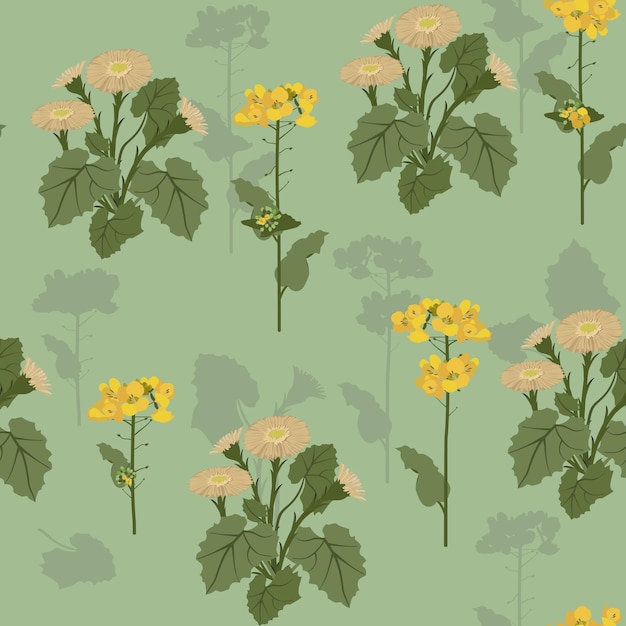 Naadloze vector mooie illustratie met wilde bloemen op een groene achtergrond Voor decoratie van textiel verpakking webontwerp
