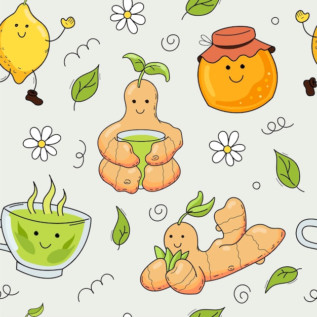 Naadloze vector patroon Groene thee citroen honing en gember Cute cartoon illustraties