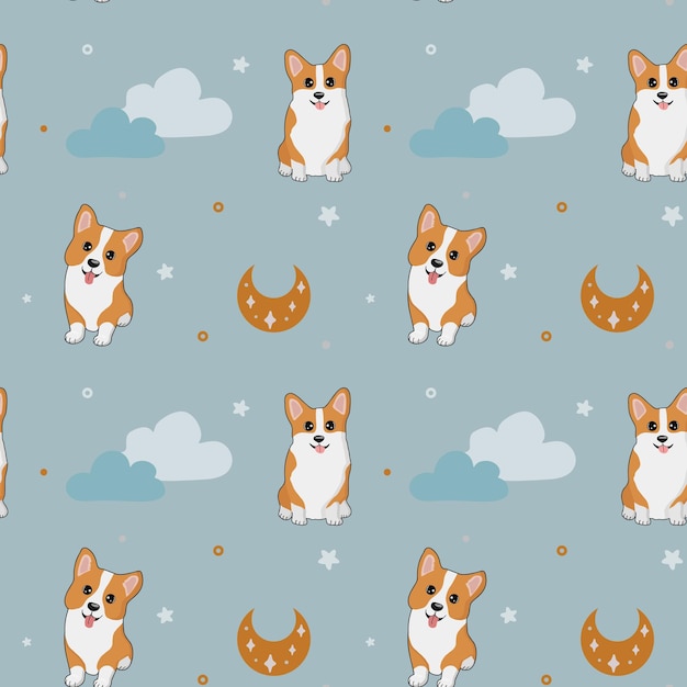 Naadloze vector patroon met corgi sterren en maan Trendy baby textuur voor stof behang kleding inpakpapier