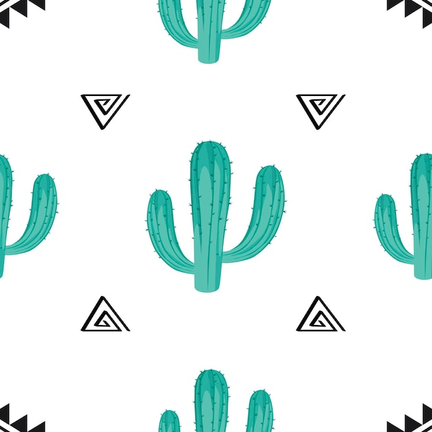 Naadloze vector patroon met hand getrokken Mexicaanse cactus en tribal ornament.