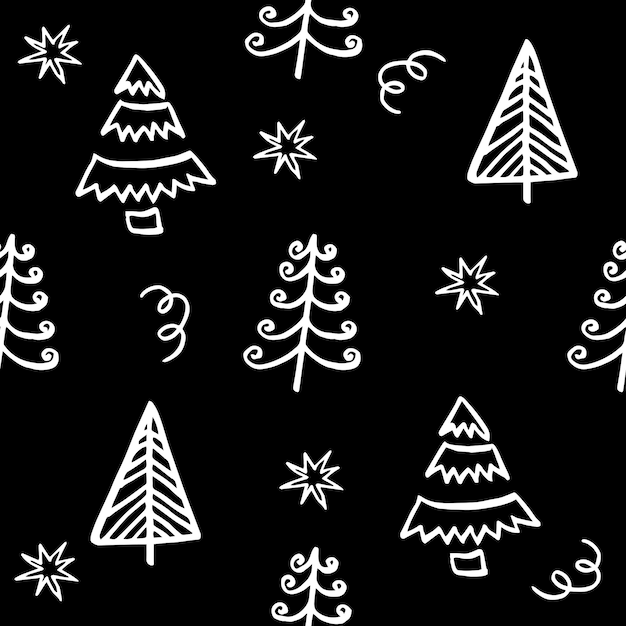 Naadloze vector patroon met kerstbomen en sneeuw op zwarte achtergrond Perfect voor wenskaarten inpakpapier stof print