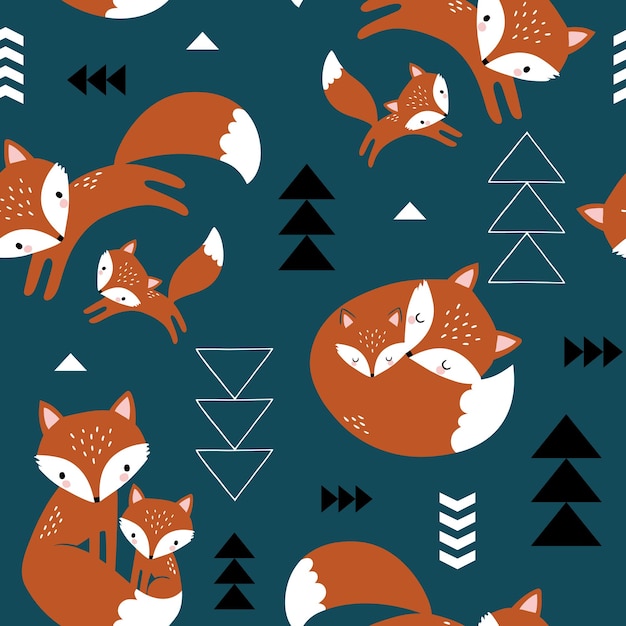 Naadloze vector patroon met schattige hand getrokken vossen en geometrische decoratie.