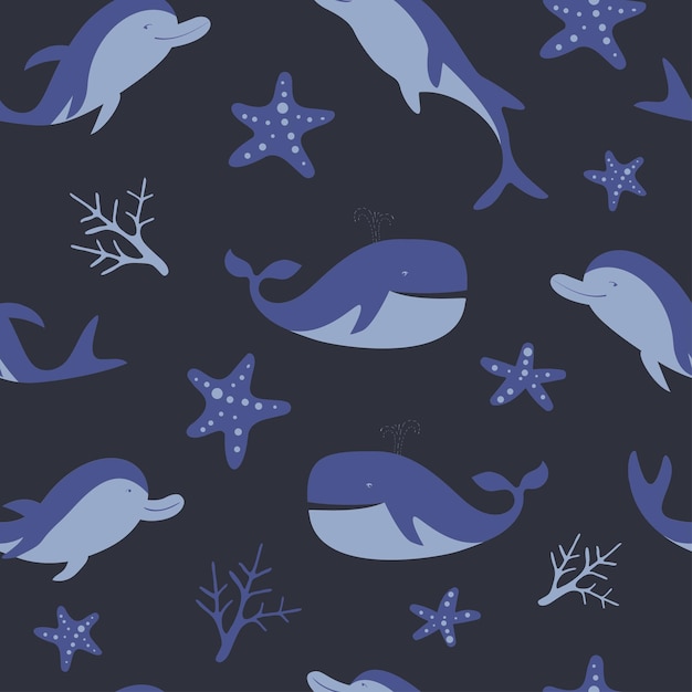 Naadloze vector patroon met walvissen en dolfijnen zee of oceaan print grafische print