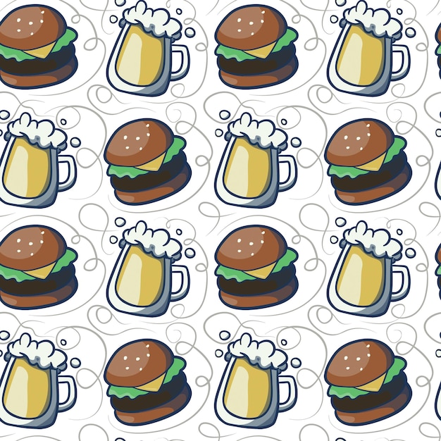 Naadloze vector patroon van kopjes bier en hamburgers gemaakt van eenvoudige illustraties.