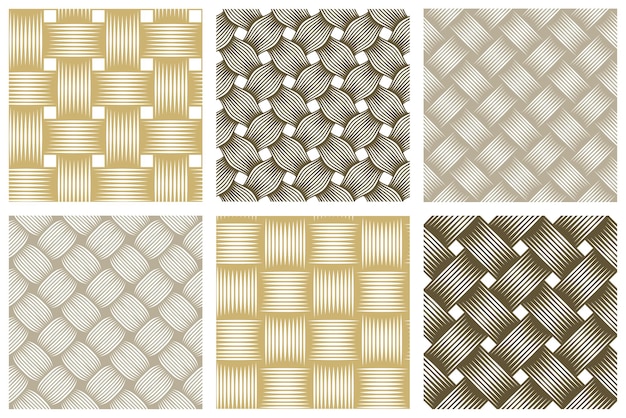 Naadloze vector weefpatronen set, lineaire achtergronden met gekruiste lijnen, textiel gebreide herhalen tegels wallpapers, perfecte simplistische minimale ontwerpen.