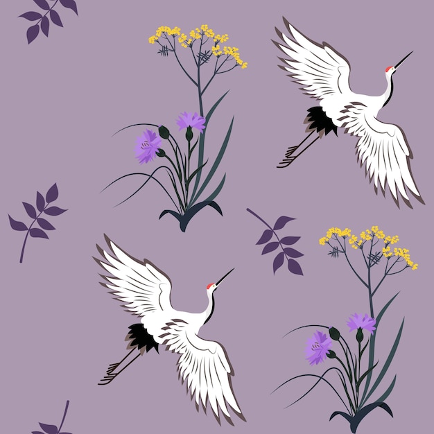 Naadloze vectorillustratie met korenbloemen, wilde grassen en Japanse kraanvogels