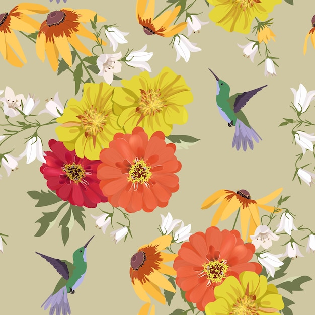 Naadloze vectorillustratie met Tagetes Campanula en kolibries op een beige achtergrond voor het verfraaien van textiel verpakkingspapier