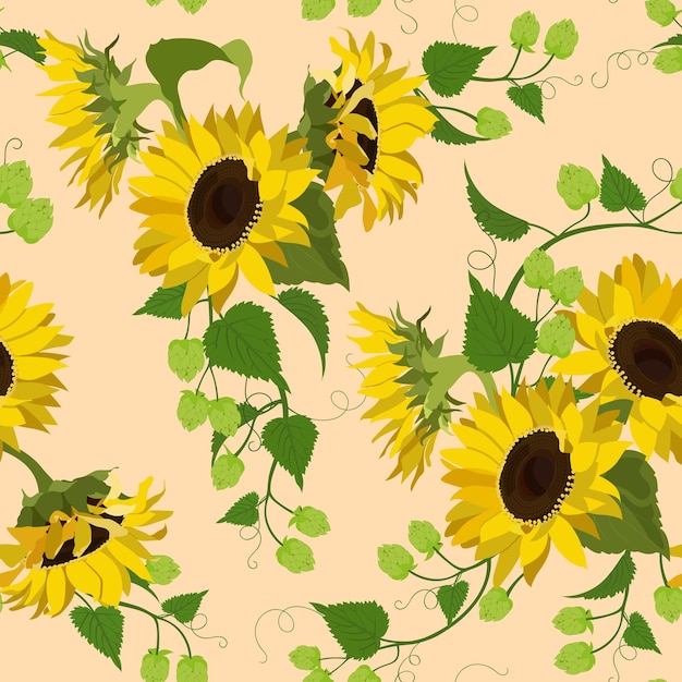 Naadloze vectorillustratie met zonnebloemen en hop op een beige background