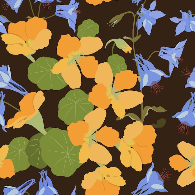 Naadloze vectorillustratie van Oost-Indische kers bloemen en aquilegia op een donkere achtergrond voor textiel decoratie verpakking webdesign