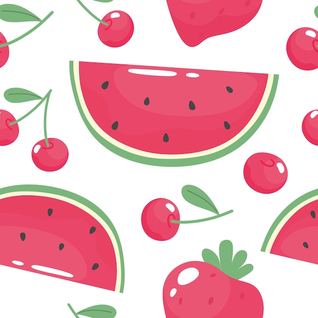 Naadloze zomer patroon met watermeloen aardbei zoete kers hand getrokken.