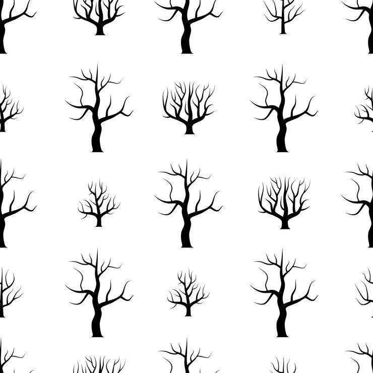 Naadloze zwart-wit gebogen bomen zonder bladerenachtergrond