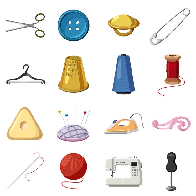 Naaien iconen set, cartoon stijl