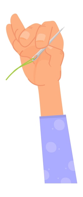 Naaien pictogram. hand met naald en groene draad die op witte achtergrond wordt geïsoleerd