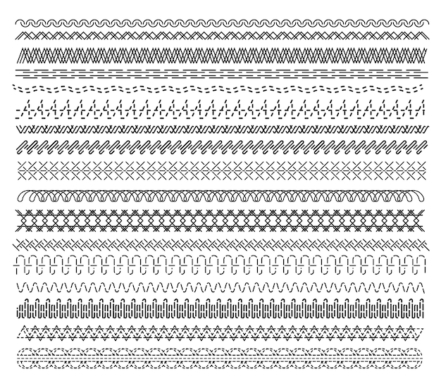 Naaien steek. Zwart en wit borduurwerk en naai naadloos patroon. Machinegaren overlock zigzag naadelement. Naaien steek grote set illustratie. lijngrens op witte achtergrond