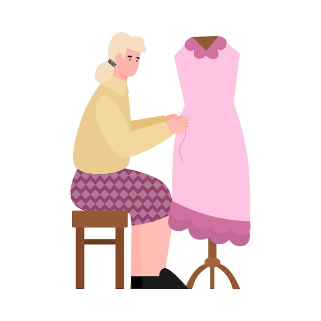 Naaister of kleermaker naaien jurk cartoon vectorillustratie geïsoleerd