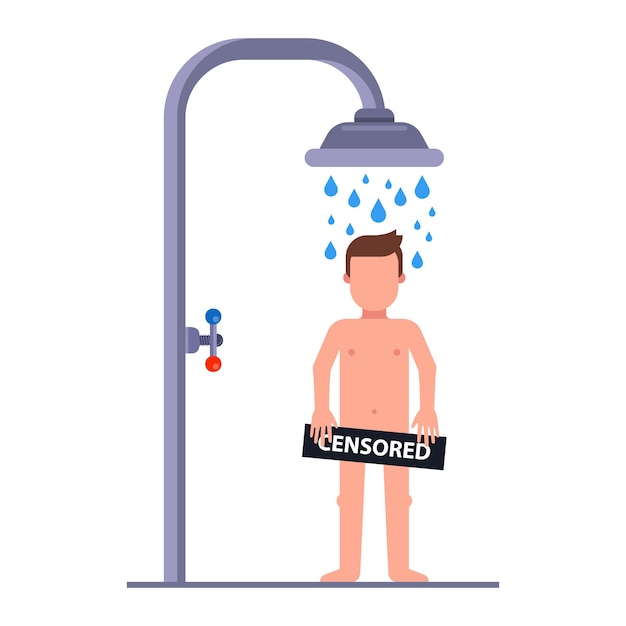 Vector naakte man van volledige lengte neemt een douche in de badkamer. platte vector karakter illustratie