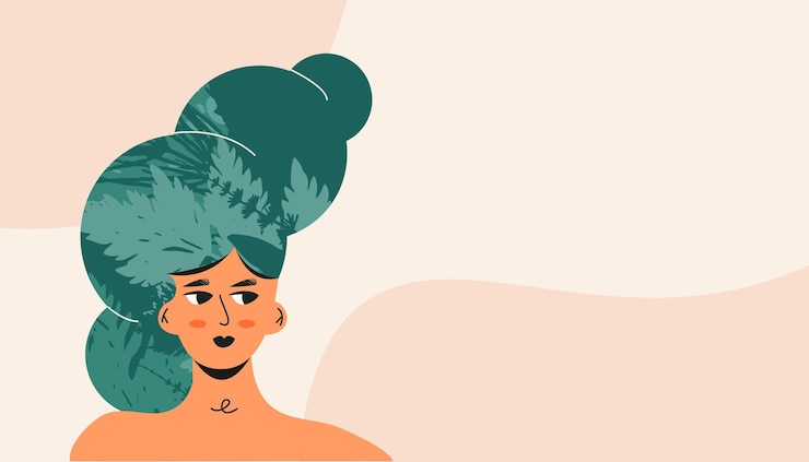 Vector naakte mooie vrouw met groen plantblad en natuurdecoratie. gezondheidsgezichtshuidconcept of milieuvriendelijk bannerontwerp. lichaamsverzorging en schoonheid. platte vector cartoon afbeelding