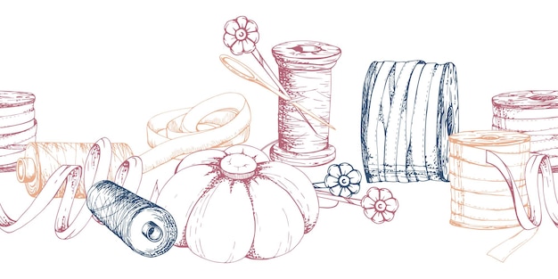 Naaldwerk benodigdheden met de hand getekende inkt vector illustratie pin kussen lint draad bobbin naalden