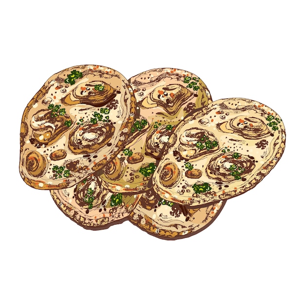 Naan. indiase traditionele gerechten. vector vintage broedeieren kleur illustratie. geïsoleerd op een witte achtergrond.