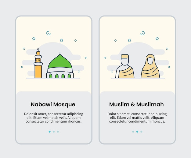 모바일 Ui 사용자 인터페이스 앱 응용 프로그램 디자인 벡터 일러스트 레이 션을위한 Nabawi 모스크와 이슬람 이슬람교 아이콘 온보딩 템플릿