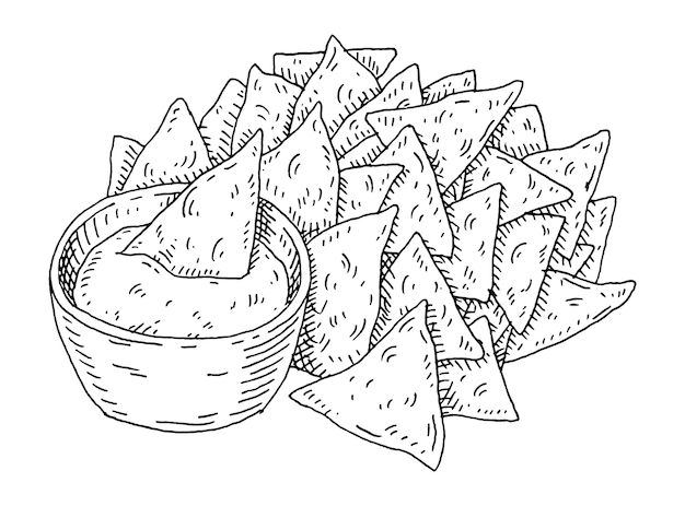 Vector nachos chips with guacamole in pan. vintage hatching illustration.