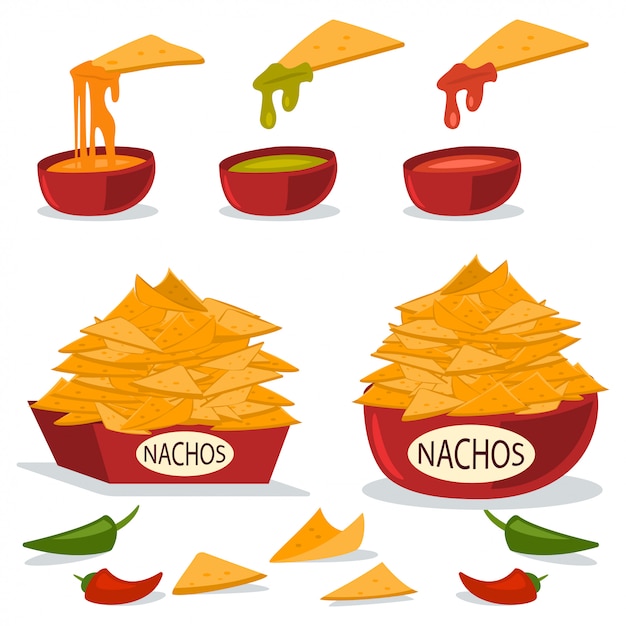 Nachos in a plate with cheese, chili and guacamole sauces. cartoon flat illustration of mexican food isolated on white background.