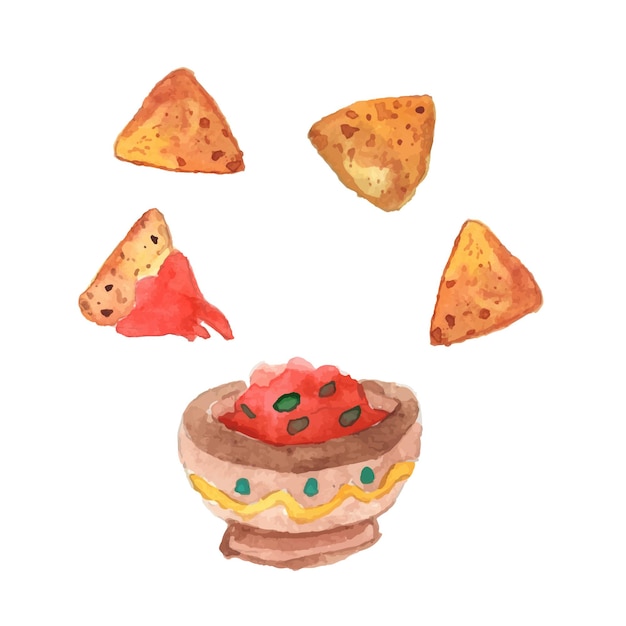 Nachos and red salsa sauce watercolor