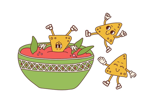 Nachos retro cartoon characters having fun Nacho dip in bowl Nacho mascot design Chilli dip Salsa Sauce cup Mexican food party Contour hand drawn vector illustration