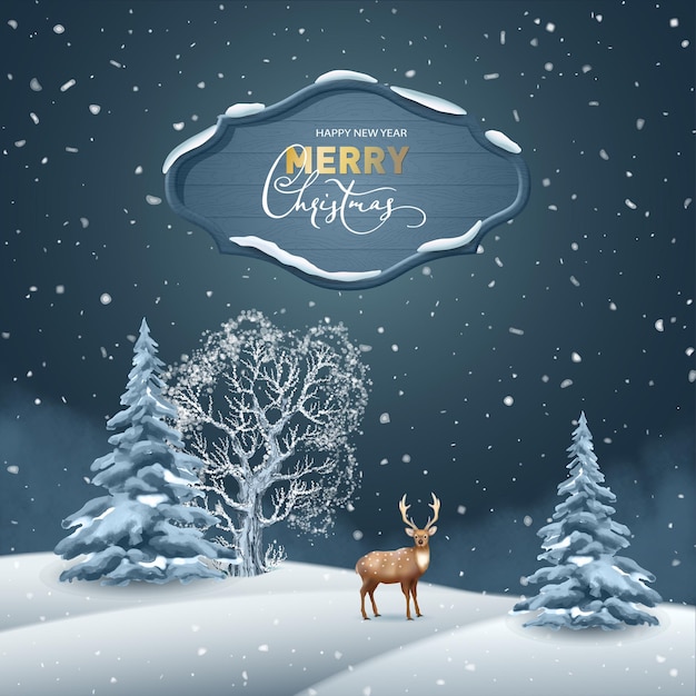 Nacht achtergrond winter Kerstmis en Nieuwjaar poster met besneeuwde heuvels en een hert