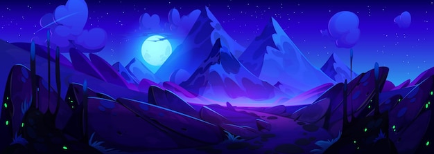 Nacht berglandschap met pad naar rotsachtige heuvels