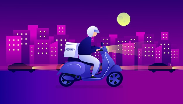 Nacht bezorgservice per scooter met koerier.