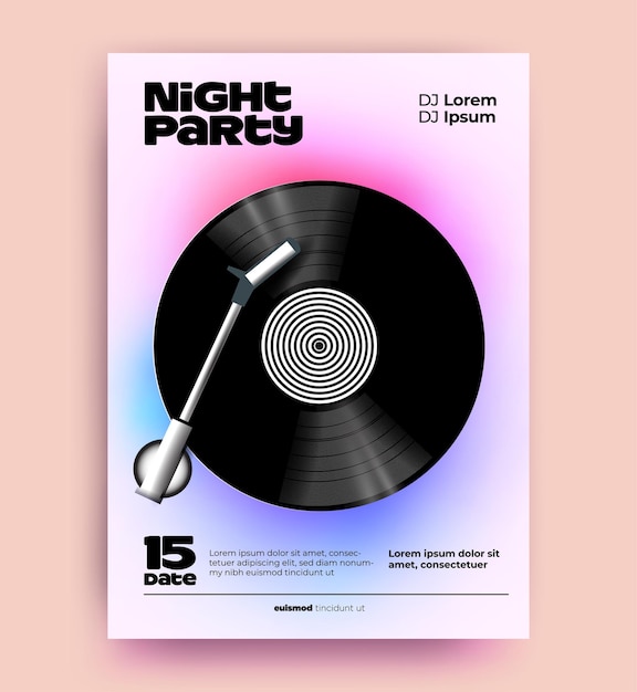 Vector nacht dj muziek feest poster of flyer ontwerpsjabloon met realistische vinyl schijf