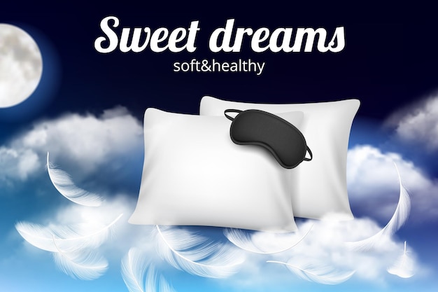 Nacht dromen poster. Relax concept plakkaat met zacht, comfortabel kussen en slaapmasker op wolken