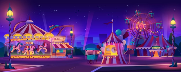 Vector nacht in het stadspretpark, circus en carrousels