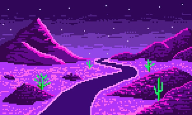 Nacht korrelige neonwoestijn met kronkelende wegachtergrond Hete synthwave 8bit-vallei met sterrenhemel