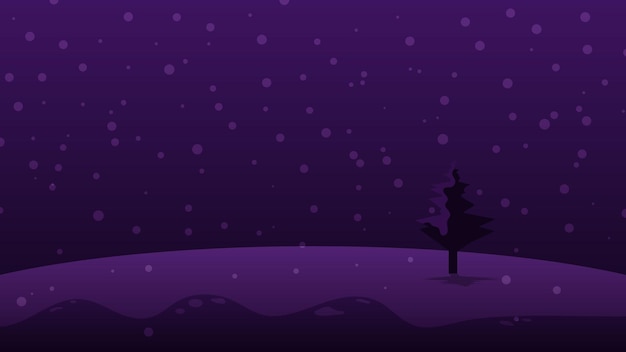 Nacht landschap cartoon scène achtergrond met sneeuw en silhouet boom op heuvel