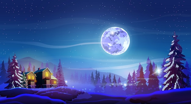 Nacht prachtig landschap met winter huizen, bomen, bergen en maan.
