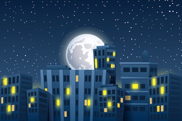 Vector nacht stadsgezicht met de maan. moderne wolkenkrabbers