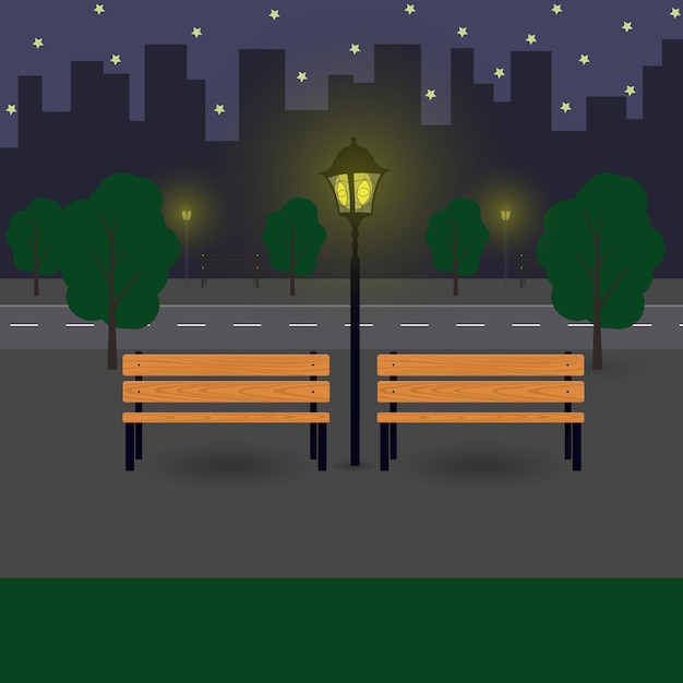 Nacht stadslandschap met banken straatverlichting bomen Flat vector illustratie
